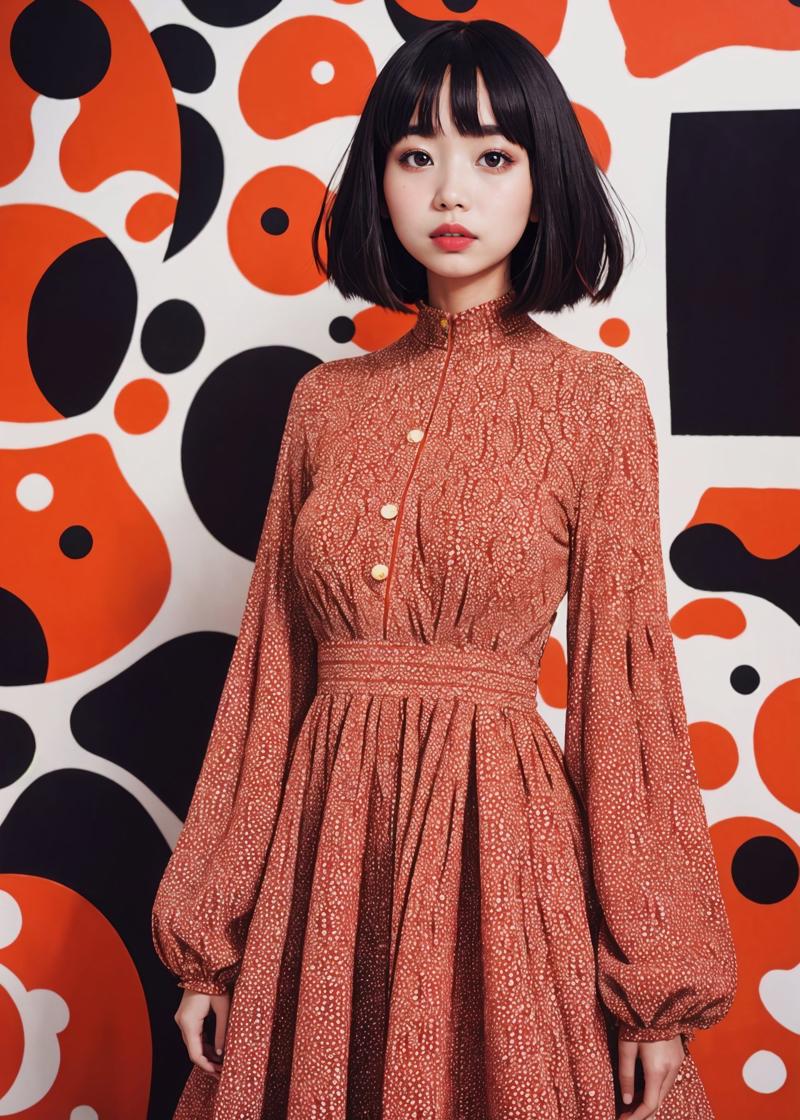 05078-3514117572-fashion photo shoot of a very beautiful girl in a dress with works by Yayoi Kusama.jpg